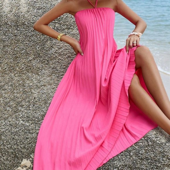 . Dresses & Skirts - Pink Boho Womens Solid Pleated Detail Backless Halter Dress